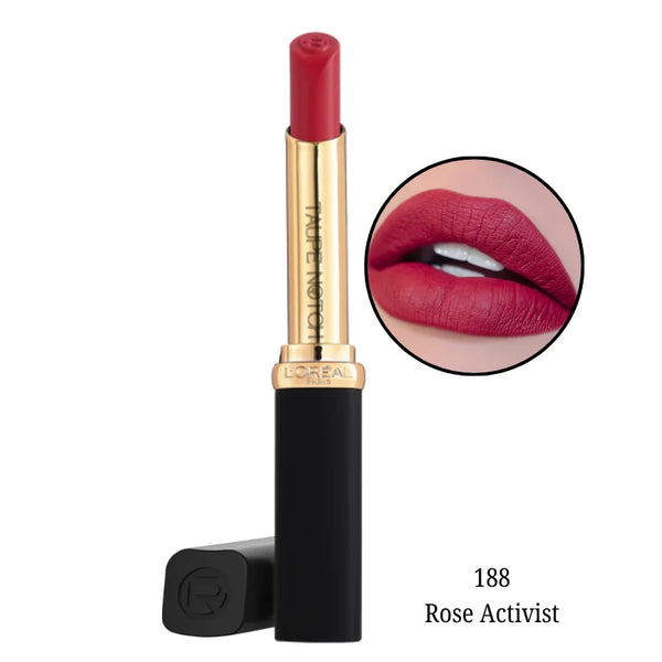 Matte lipstick in 188 Rose Activist, rose pink bullet with black gold tube.