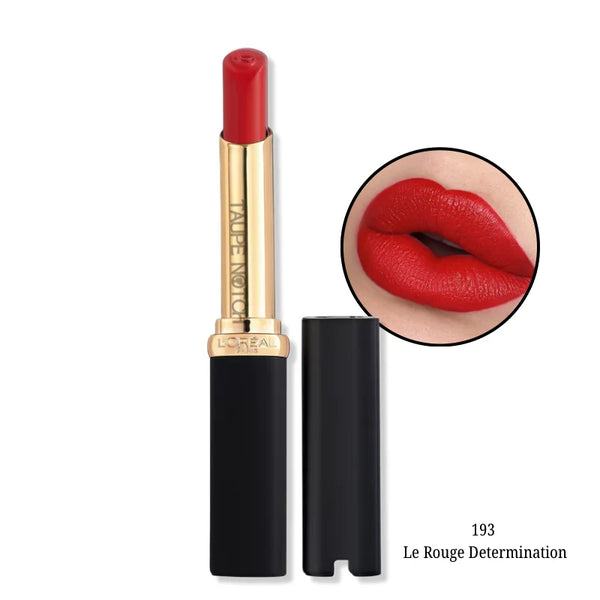Matte lipstick shade 193 Le Rouge Determination, bright red bullet and cap with lip swatch