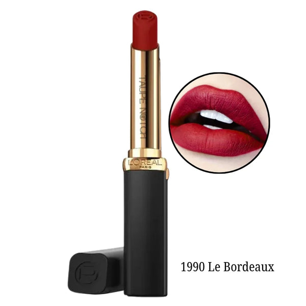 Matte lipstick in 1990 Le Bordeaux, deep red bullet with black gold tube.