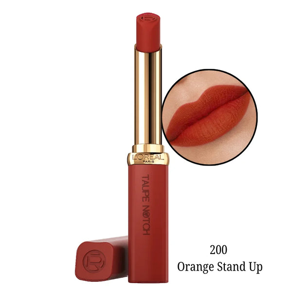 Matte lipstick, 200 Orange Stand Up orange-red, gold tube with red cap