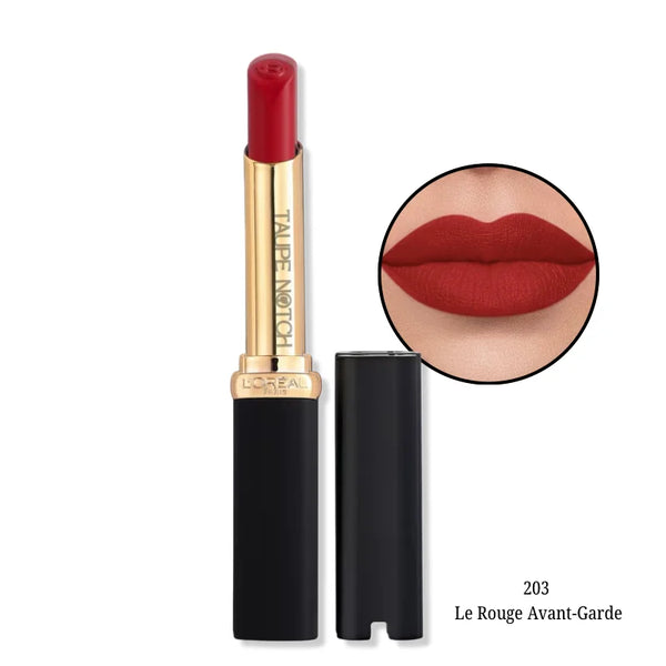 Matte lipstick shade 203 Le Rouge Avant-Garde, deep red bullet and cap with lip swatch