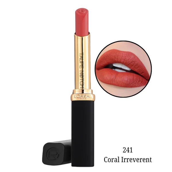 Matte lipstick in 241 Coral Irreverent, coral orange bullet with black gold tube.