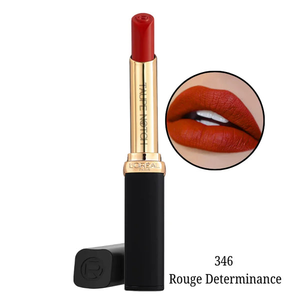 Matte lipstick, 346 Rouge Determinance red-orange, with gold tube and red cap