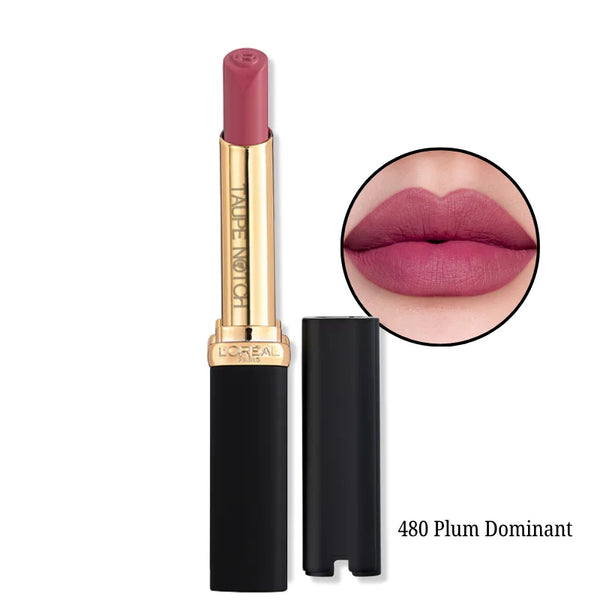 Matte lipstick in 480 Plum Dominant, plum purple bullet with black gold tube.