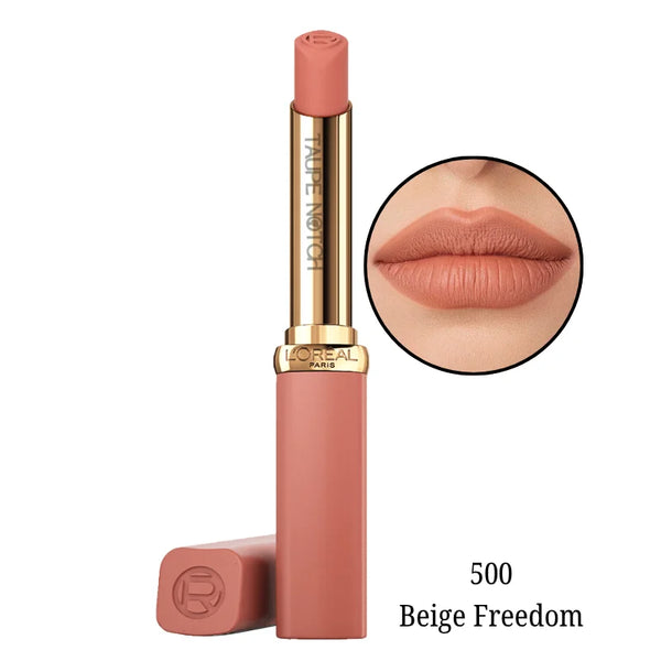 Matte lipstick, 500 Beige Freedom nude-beige, with gold tube and pink cap