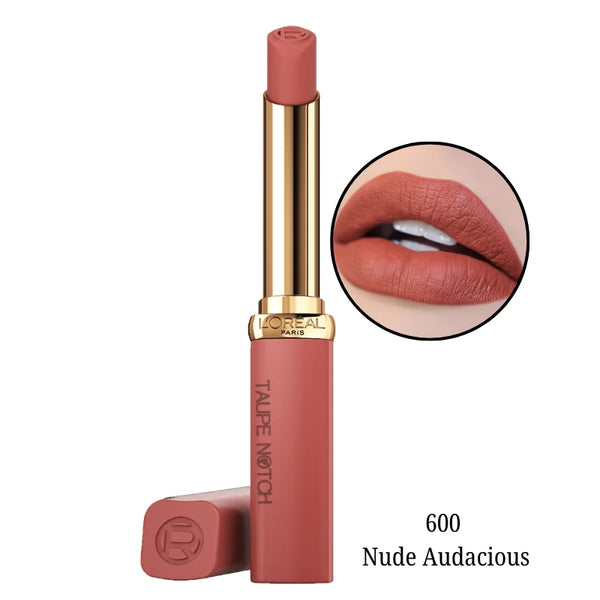 Matte lipstick in 600 Nude Audacious, mauve nude bullet with gold black tube.