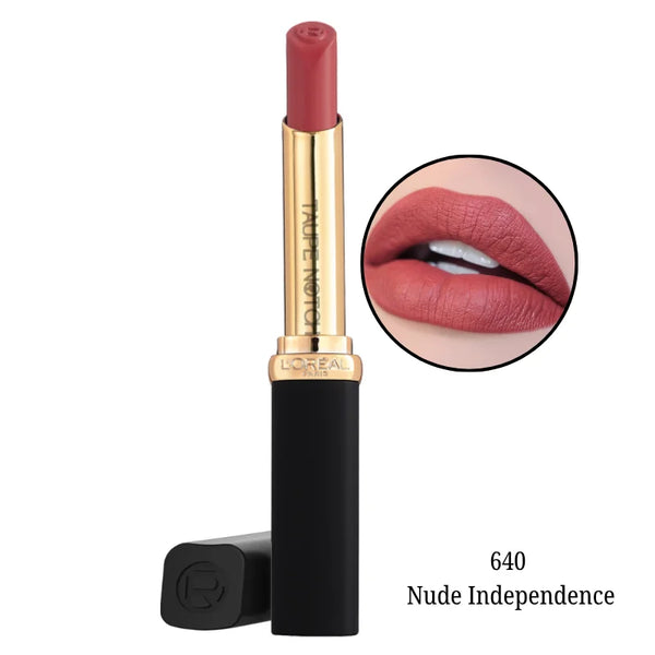 Matte lipstick in 640 Nude Independence, dusty rose bullet with black gold tube.
