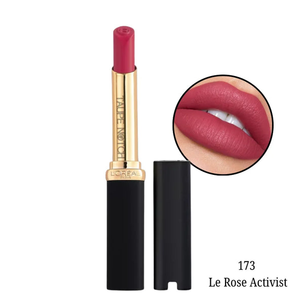 Matte lipstick shade 173 Le Rose Activist, pink-magenta bullet and cap with lip swatch