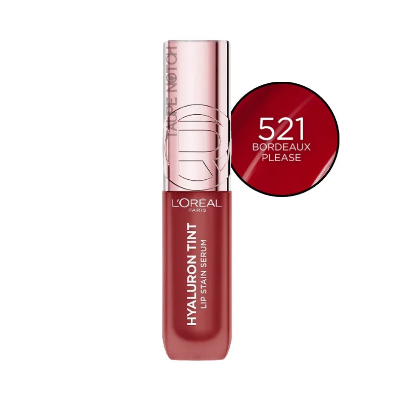 Hyaluron Tint Lip Stain Serum in shade 521 Bordeaux Please, glossy tint applicator.