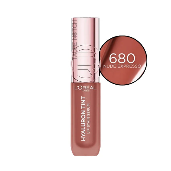 Hyaluron Tint Lip Stain Serum in shade 680 Nude Espresso, glossy tint applicator.