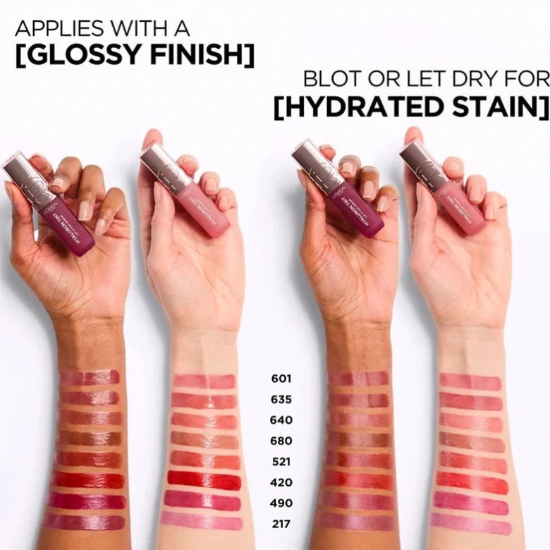 Hyaluron Tint Lip Stain Serum shade range with swatches on hands and bottles.