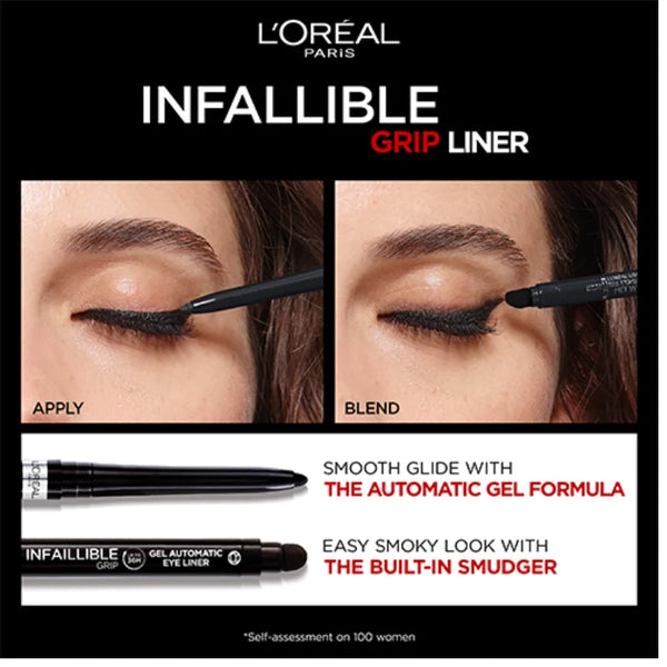 Automatic gel eyeliner Infallible Grip Liner shown with apply and blend directions.