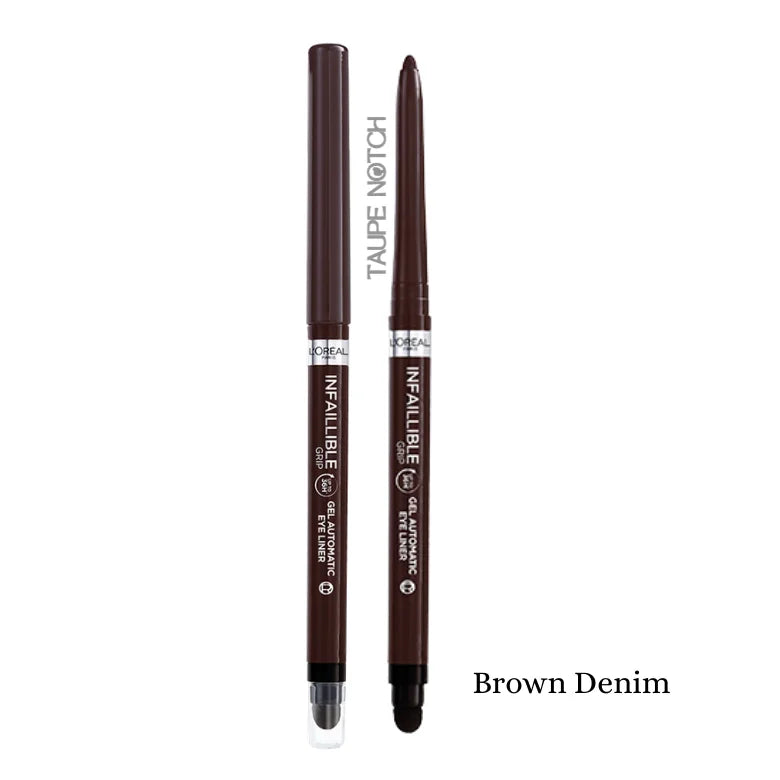 Automatic gel eyeliner in Brown Denim; two slim tubes with pointed tips.