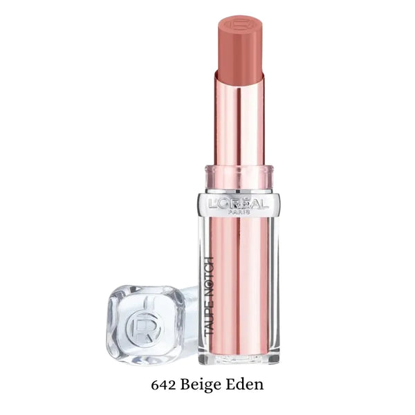 Loreal Paris Glow Paradise balm-in-lipstick, 642 Beige Eden, light pink tube, rose-brown cap.