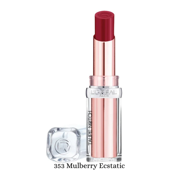 Loreal Paris Glow Paradise balm-in-lipstick, 353 Mulberry Ecstatic, pink tube, deep red cap.