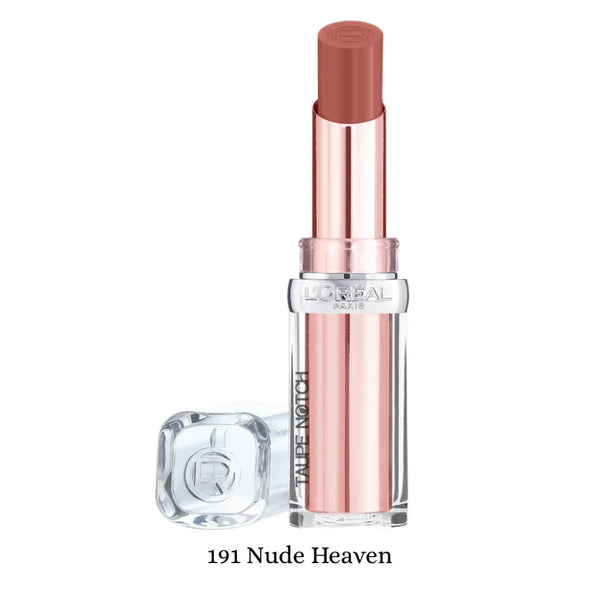 Loreal Paris Glow Paradise balm-in-lipstick, 191 Nude Heaven, nude-pink tube, terracotta cap.