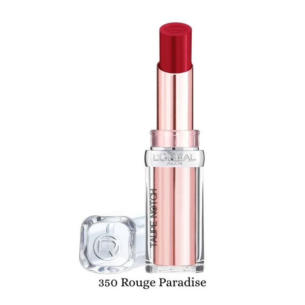 Loreal Paris Glow Paradise balm-in-lipstick, 350 Rouge Paradise, rose tube, red cap.