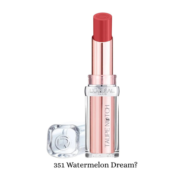 Pink balm-in-lipstick in rose-gold tube with red cap, labeled 351 Watermelon Dream?