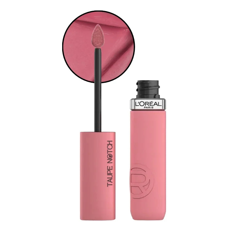 Matte liquid lipstick in light pink shade, with applicator wand and tube