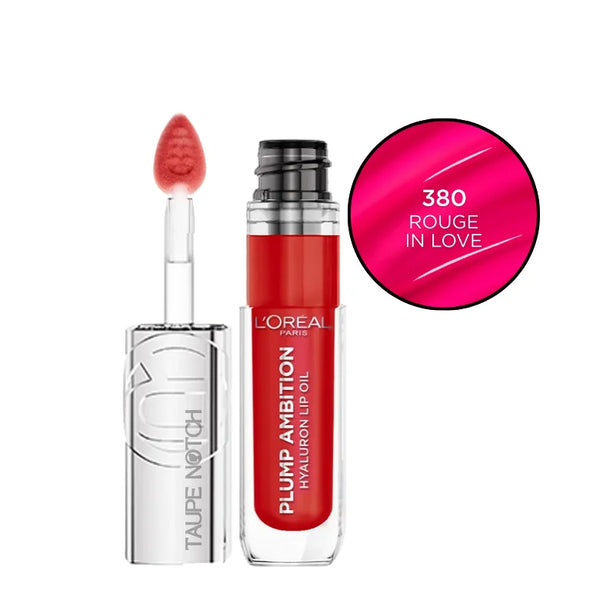 Lip oil with applicator and bottle, shade 380 Rouge in Love (vivid red tint)