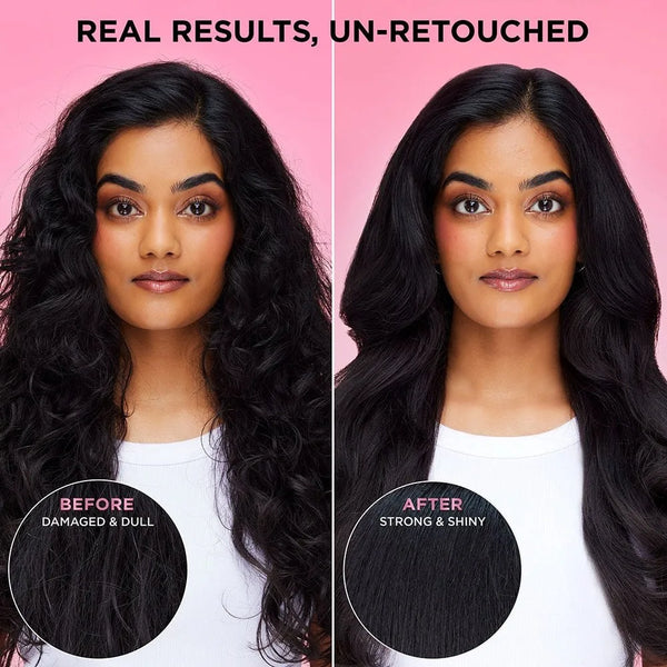 Hair treatment before-and-after with dark, wavy hair and added shine