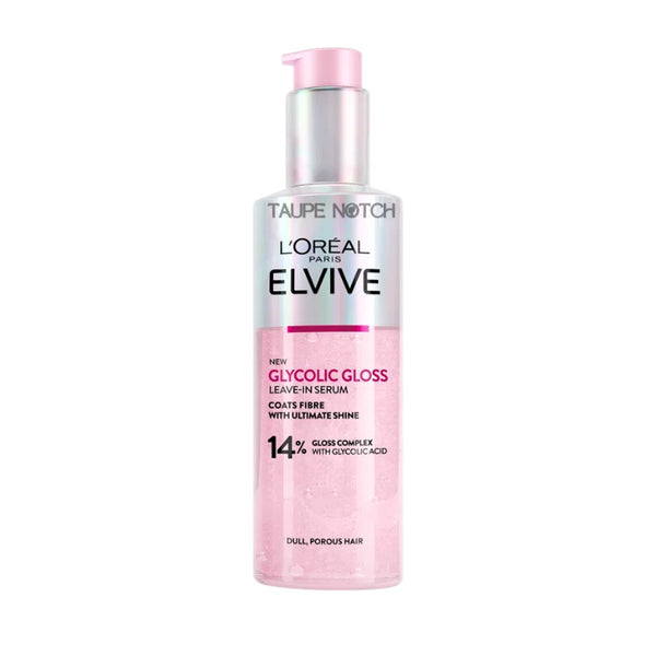 L'Oreal Elvive Glycolic Gloss leave-in hair serum bottle with pink pump