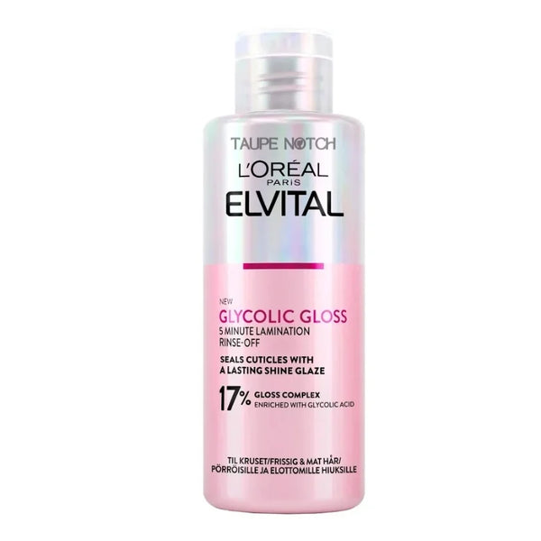 L'Oréal Paris Elvital glycolic gloss rinse-off treatment bottle, pink with white cap