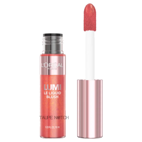 Liquid blush in coral-pink shade with rose-gold tube and brush applicator tip