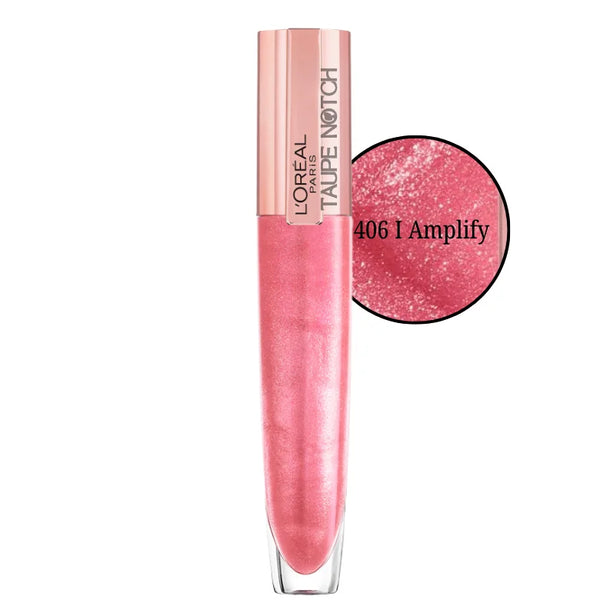 Loreal Paris plumping Balm-in-Gloss, shade 406 I Amplify, pink sparkly gloss tube