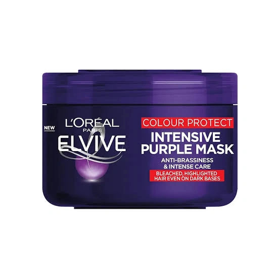 L'Oréal Paris Elvive Intensive Purple Mask in a dark purple plastic jar with a matching lid, shown on a plain white background.