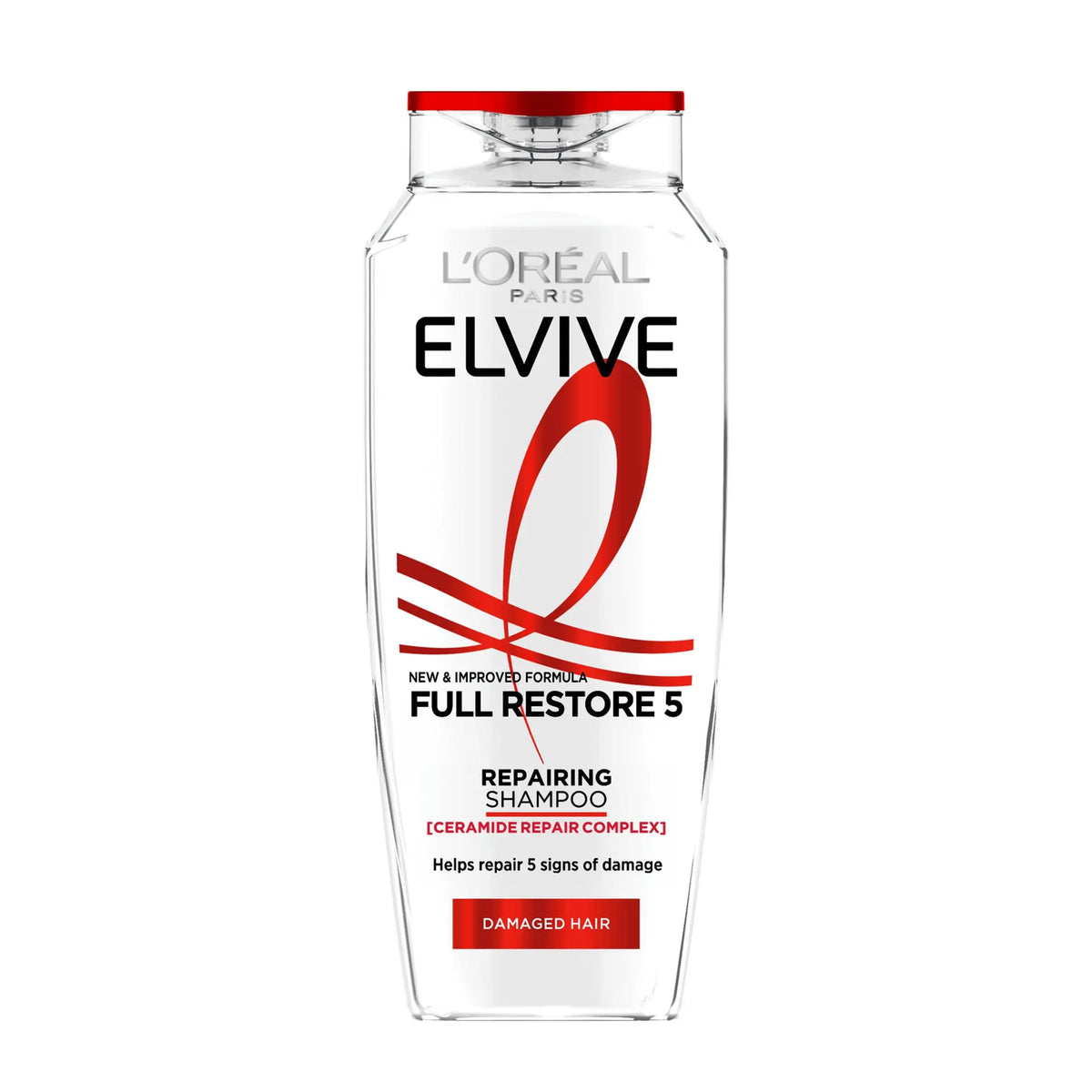 L'Oréal Paris Elvive Full Restore 5 Repairing Shampoo in a clear rectangular bottle with a white label, red cap, and red and black text.