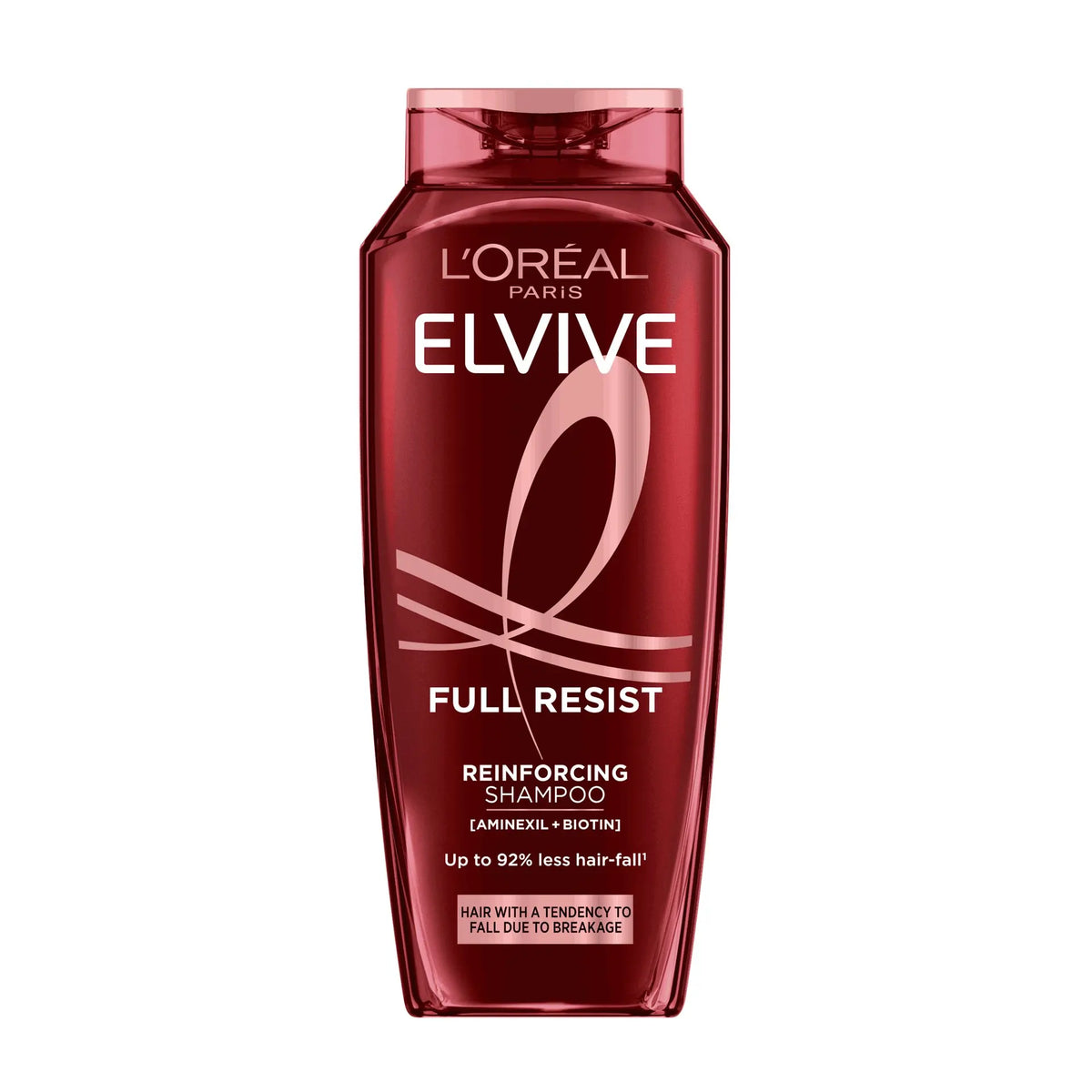 A bottle of L'Oréal Paris Elvive Full Resist Reinforcing Shampoo in a translucent deep red plastic bottle with white and silver text and graphics, shown against a plain white background.