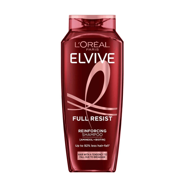 Loreal Paris Elvive Full Resist reinforcing shampoo bottle, red-pink with flip-top cap