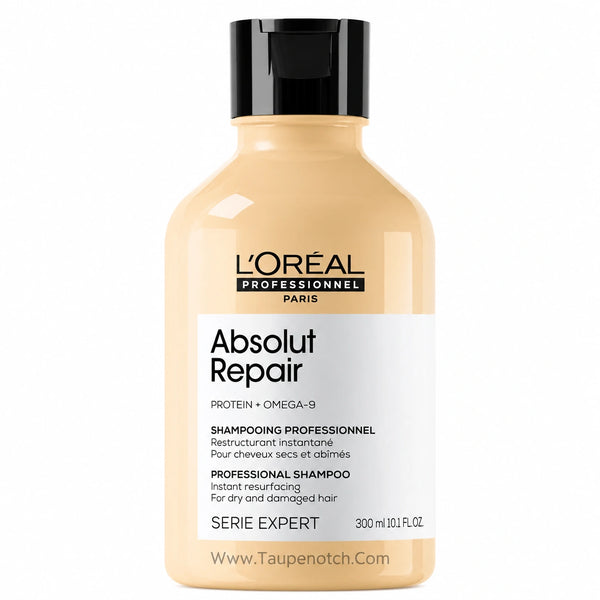 Loreal Professionnel Absolut Repair Shampoo bottle, beige bottle with black cap, 300 ml