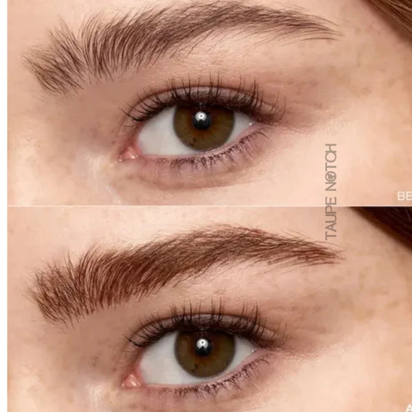 Brunette micro-tattoo brows on eyes, defined arch with fine hair-like strokes