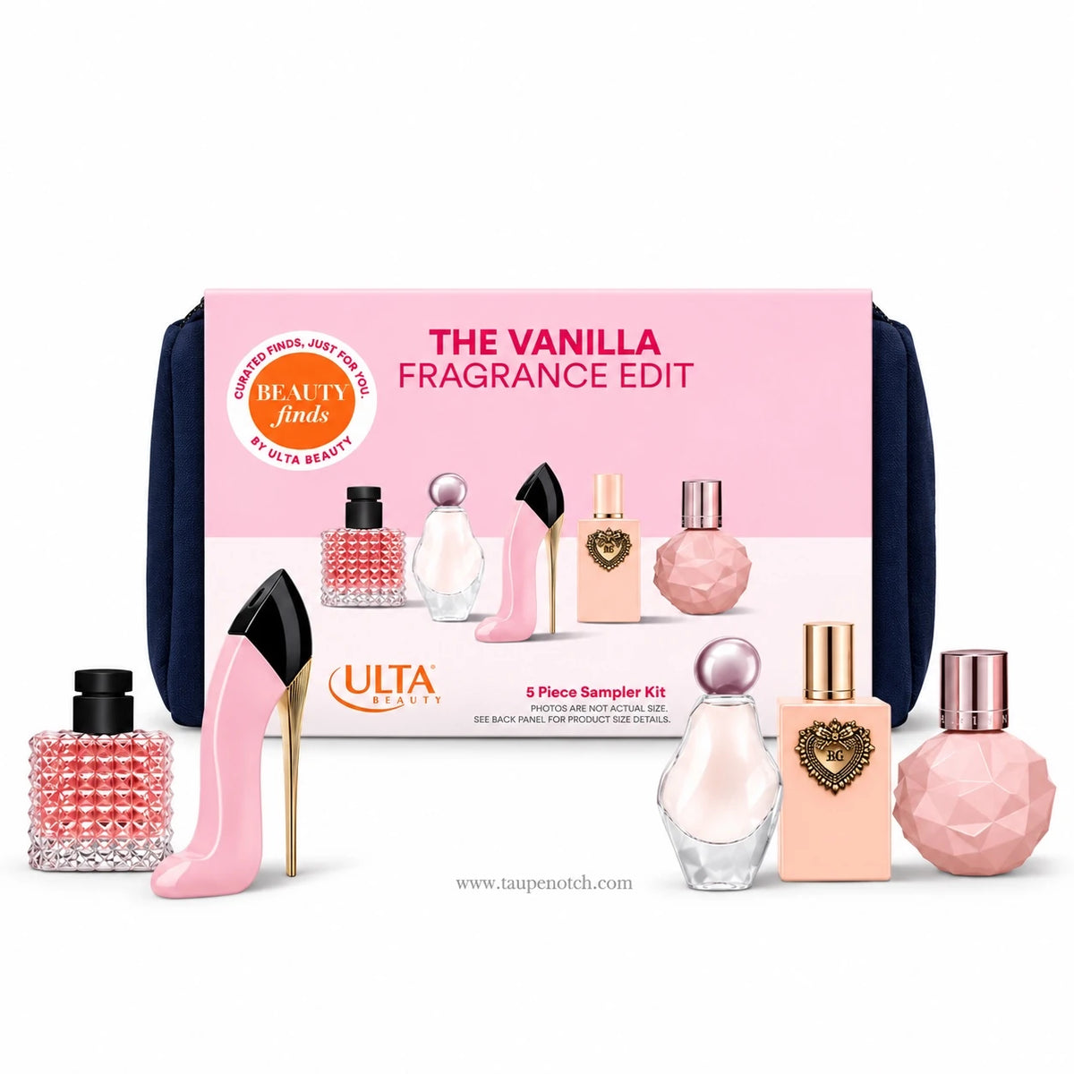 Pink branded gift box for vanilla fragrance edit sampler kit with mini bottles