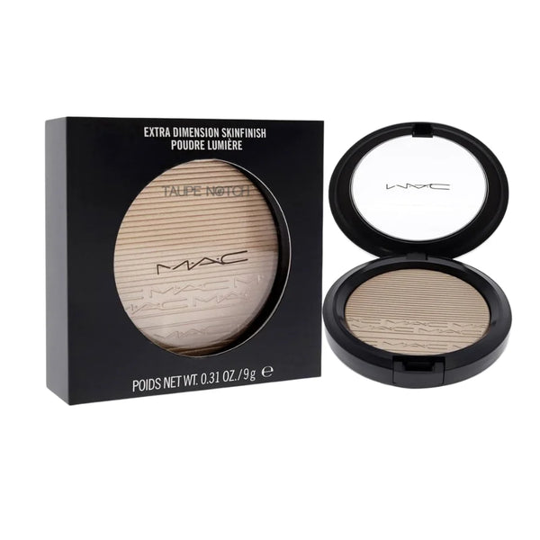 MAC compact powder highlighter, open case with taupe pan visible.