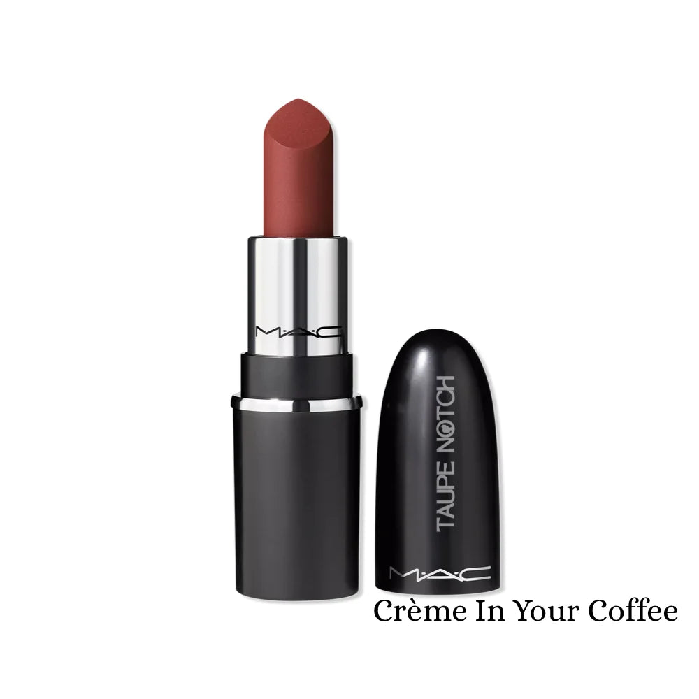 Lipstick mini in Crème In Your Coffee, warm taupe matte bullet with black tube and silver ring