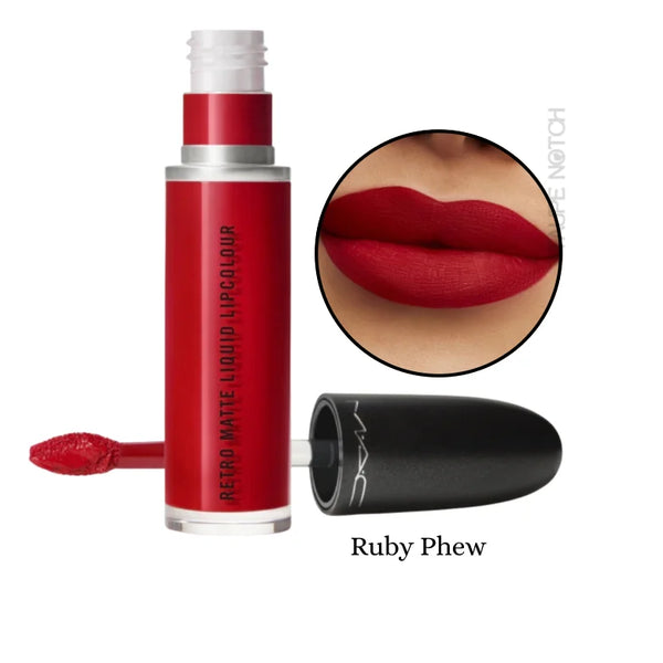 Matte liquid lip colour in Ruby Phew shade, red applicator and lip swatch.