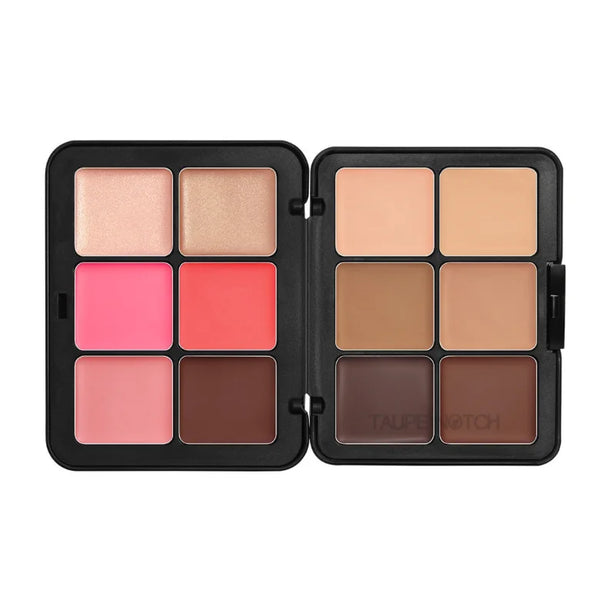 Makeup palette compact open, with pale beige, pink-coral, and darker brown shades