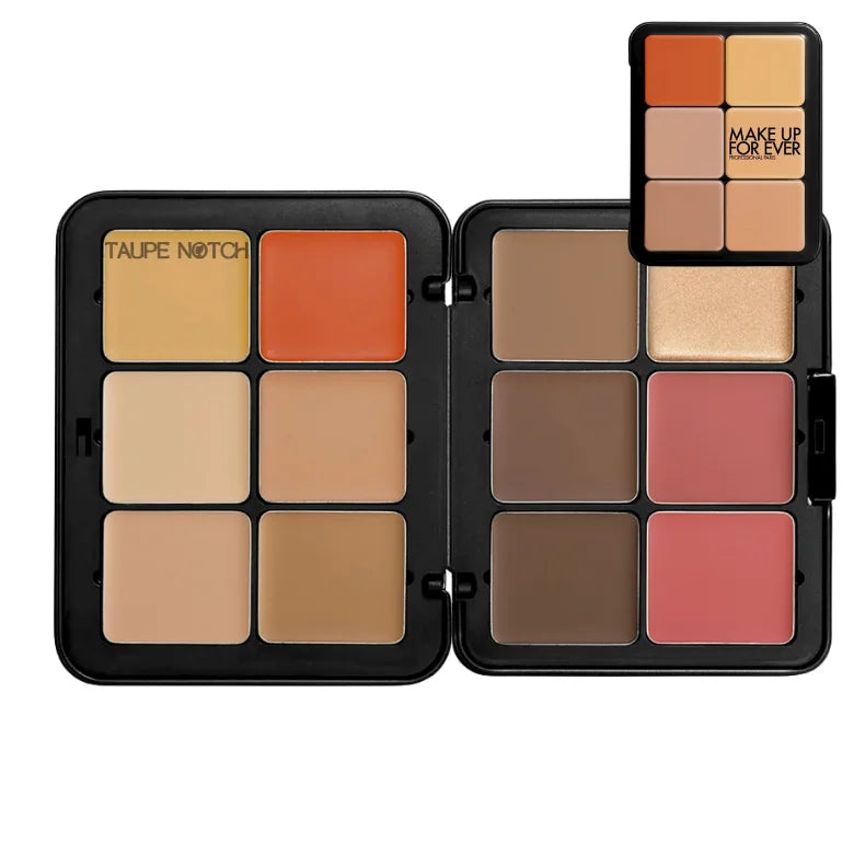 Compact skin-tone makeup palette with orange, peach, beige, brown, and rose shades