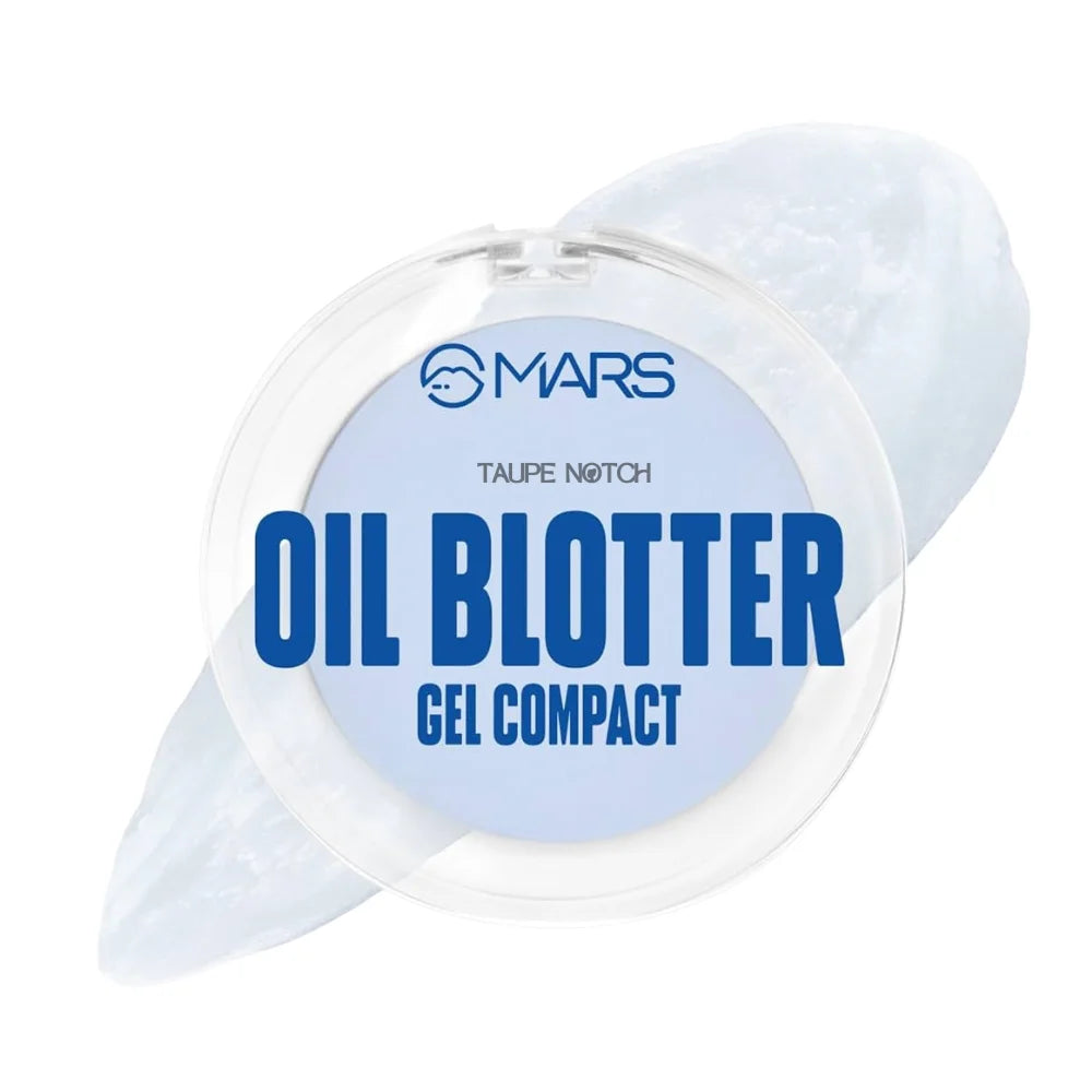 Oil blotter gel compact with clear round case and MARS label, taupe notch.