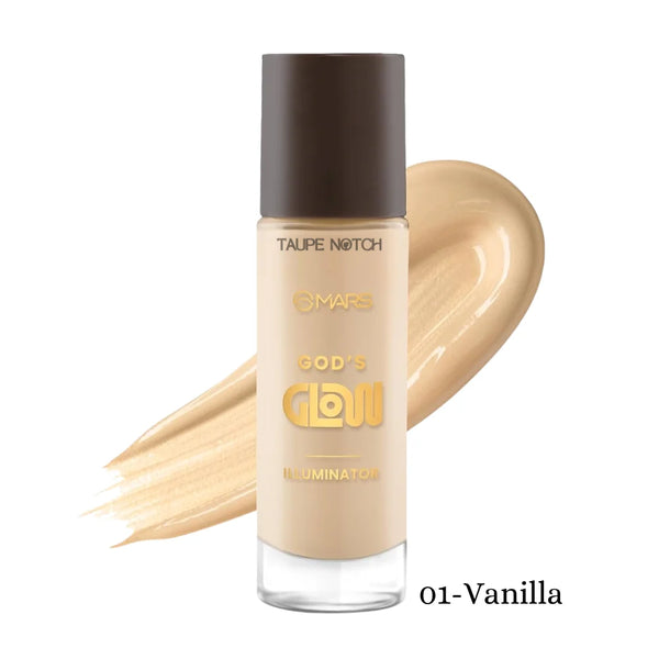 MARS God's Glow Illuminator highlighter in 01 Vanilla; clear bottle, golden highlight swatch