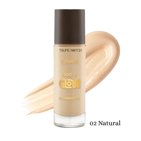 MARS God's Glow Illuminator highlighter in 02 Natural; clear bottle, soft golden highlight swatch