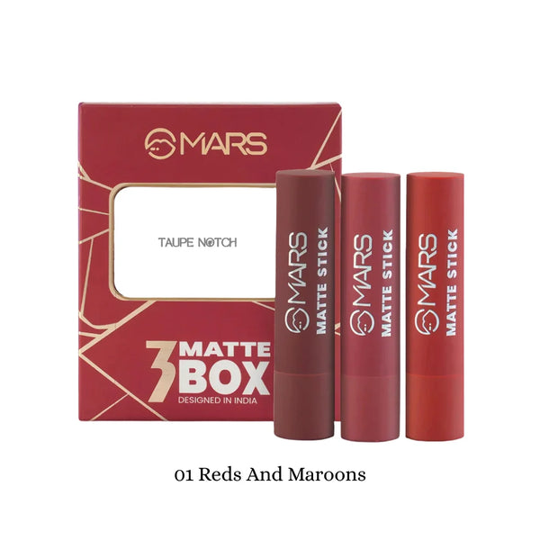 MARS matte box set with three lipsticks, taupe, maroon and red shades