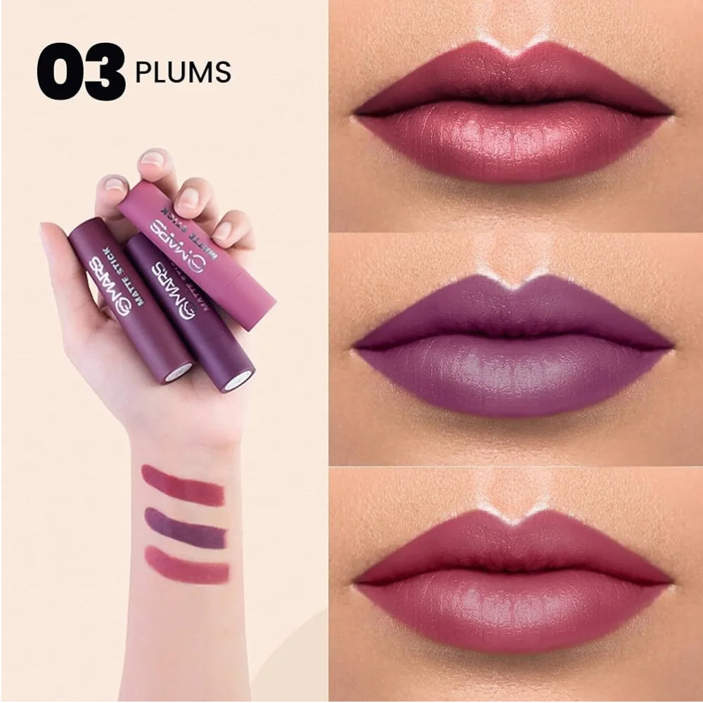 Plum matte lipstick set: three shades on lips with arm swatches