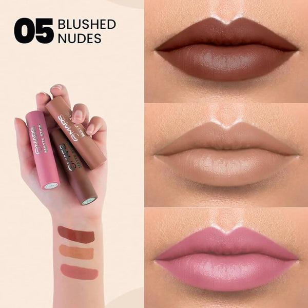 Matte lipstick shades 05 Blushed Nudes on lips with wrist color swatches