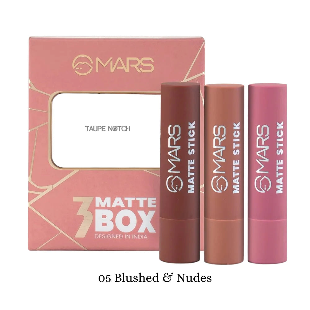MARS matte box set of 3 lipsticks in 05 Blushed & Nudes; three matte tubes
