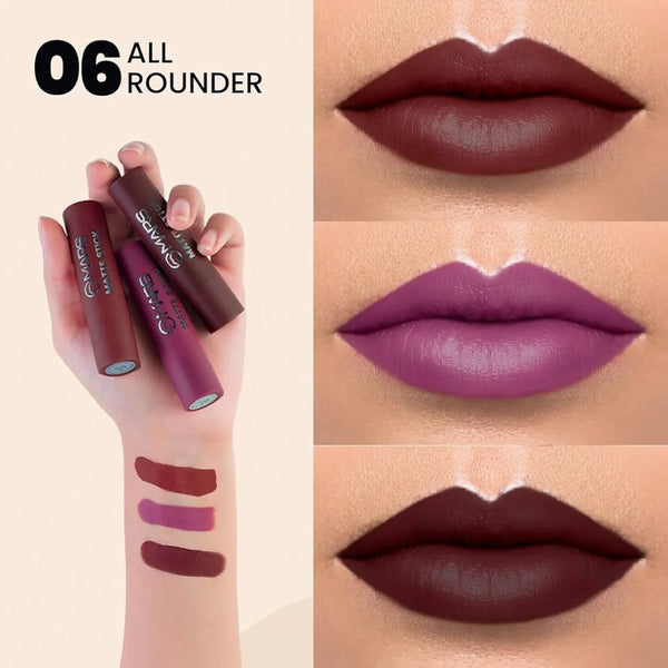 Matte lipstick swatches and three shades on lips: dark mauve, purple, brown