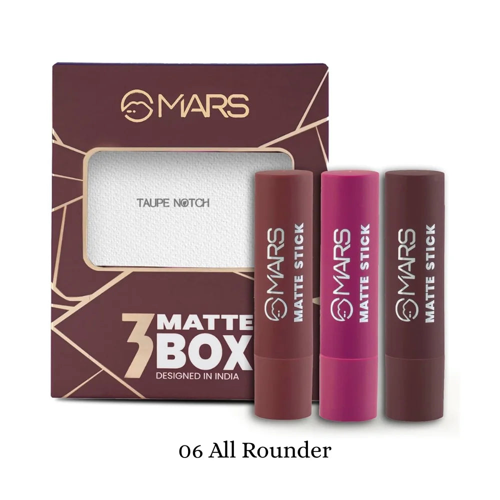 Matte box set of three lipsticks with three tube shades in burgundy packaging